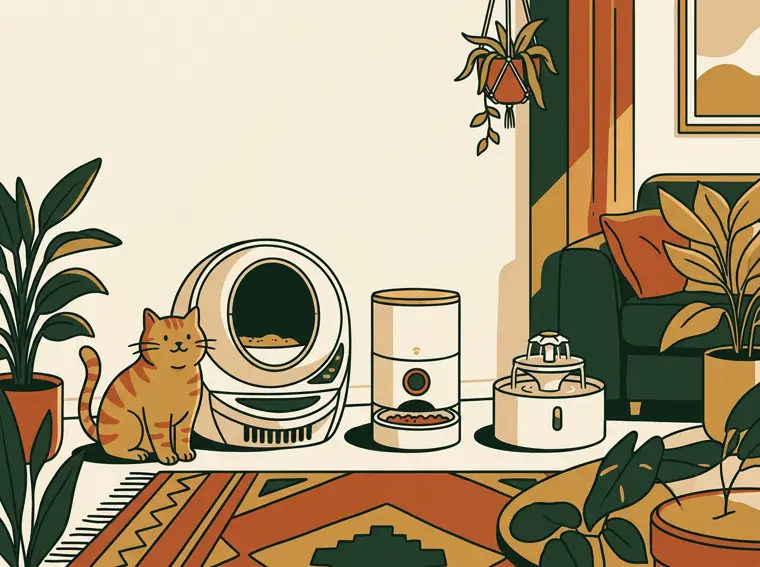 Illustratie van een kat bij slimme kattenproducten in een Nederlands interieur